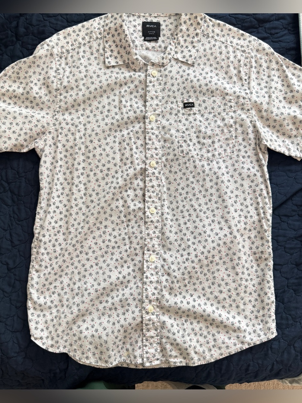 RVCA Short Sleeve Button-Up Shirt in Cream with Navy Print